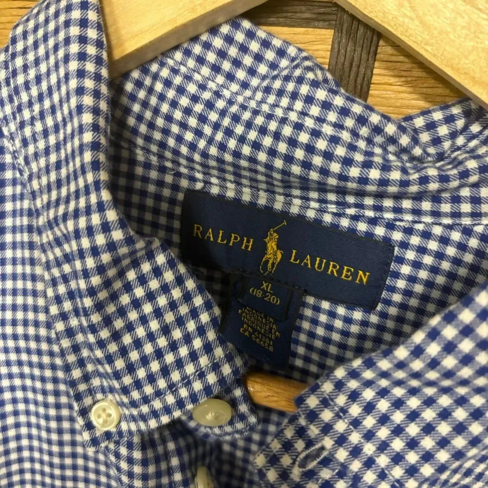 Ralph Lauren Blue And White Checkered Button Down Shirt Boys‎ Size XL